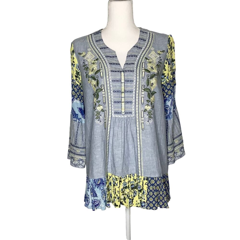 Coldwater Creek  Blue Green Yellow Patchwork Embroidered Blouse Top Medium